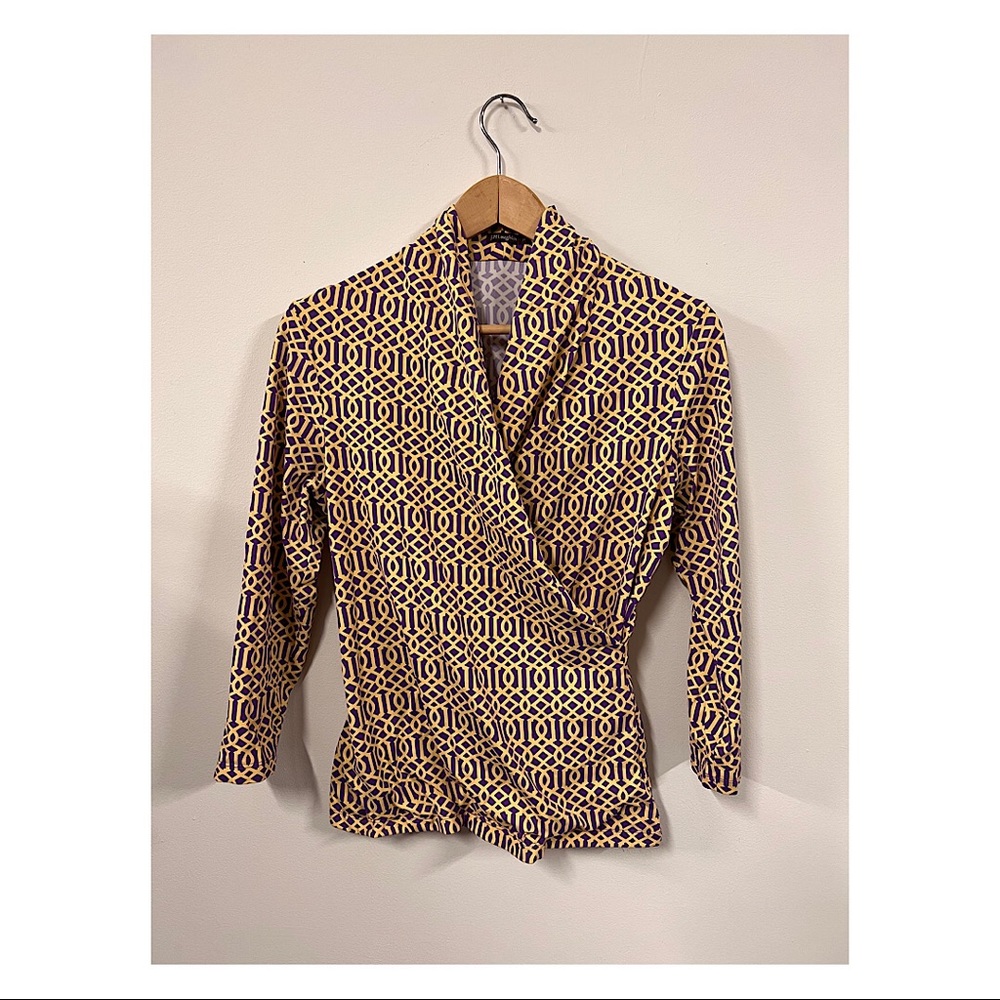 - J. McLaughlin Purple Yellow 3/4 Sleeve Blouse Size M